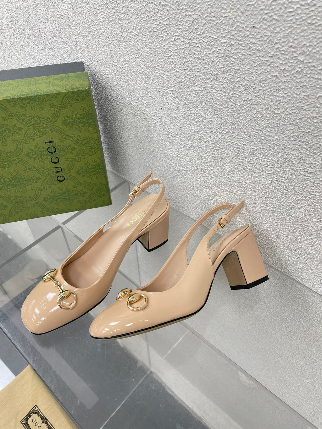 GUCCI WOMEN'S HORSEBIT SLINGBACK 75MM IN TAN BEIGE CALFSKIN
