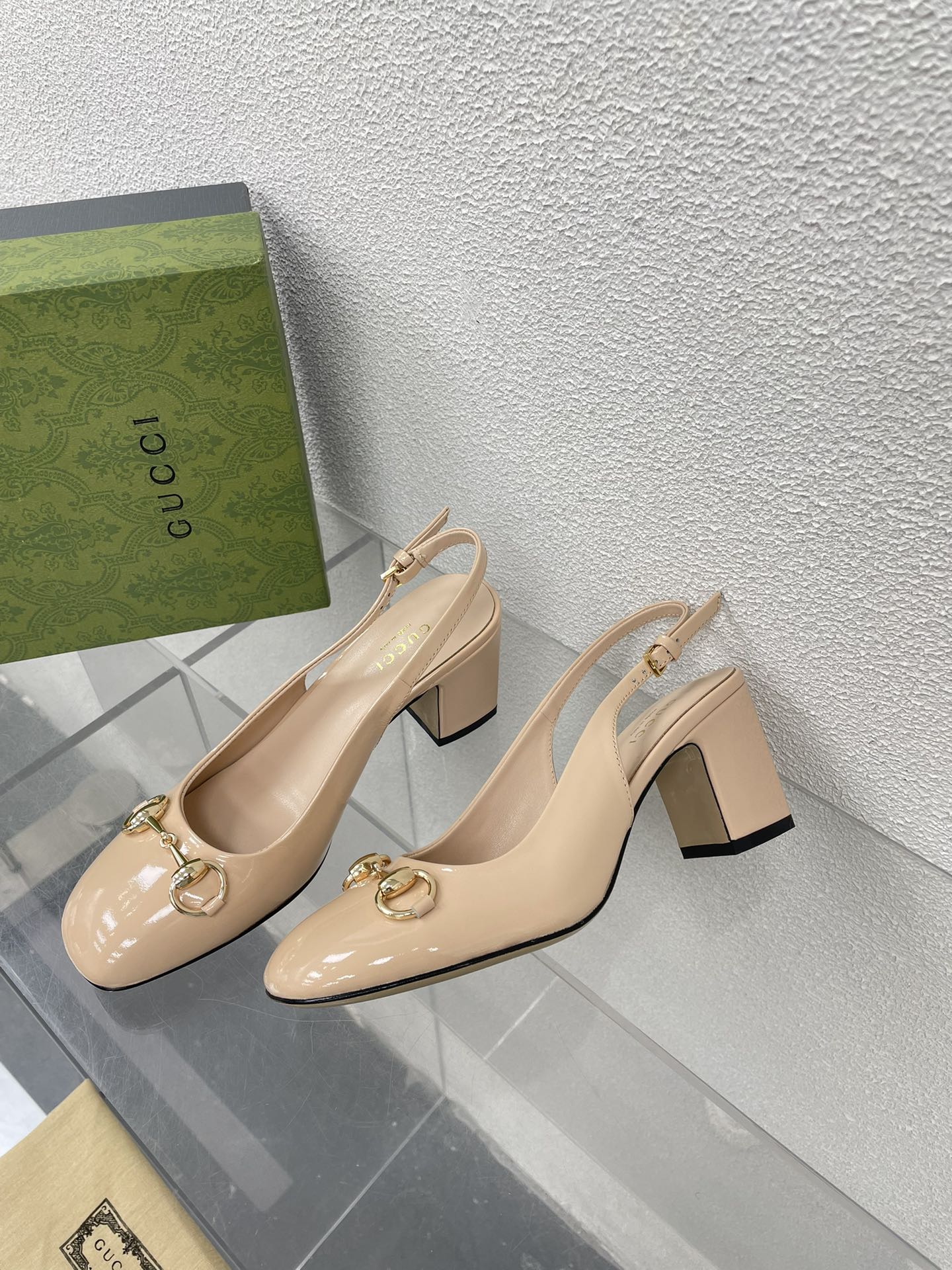 GUCCI WOMEN'S HORSEBIT SLINGBACK 75MM IN TAN BEIGE CALFSKIN