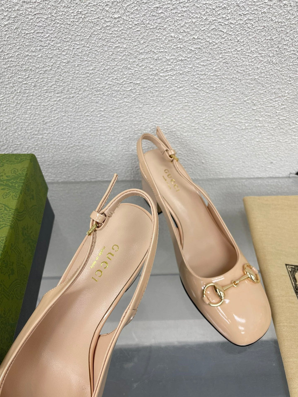 GUCCI WOMEN'S HORSEBIT SLINGBACK 75MM IN TAN BEIGE CALFSKIN