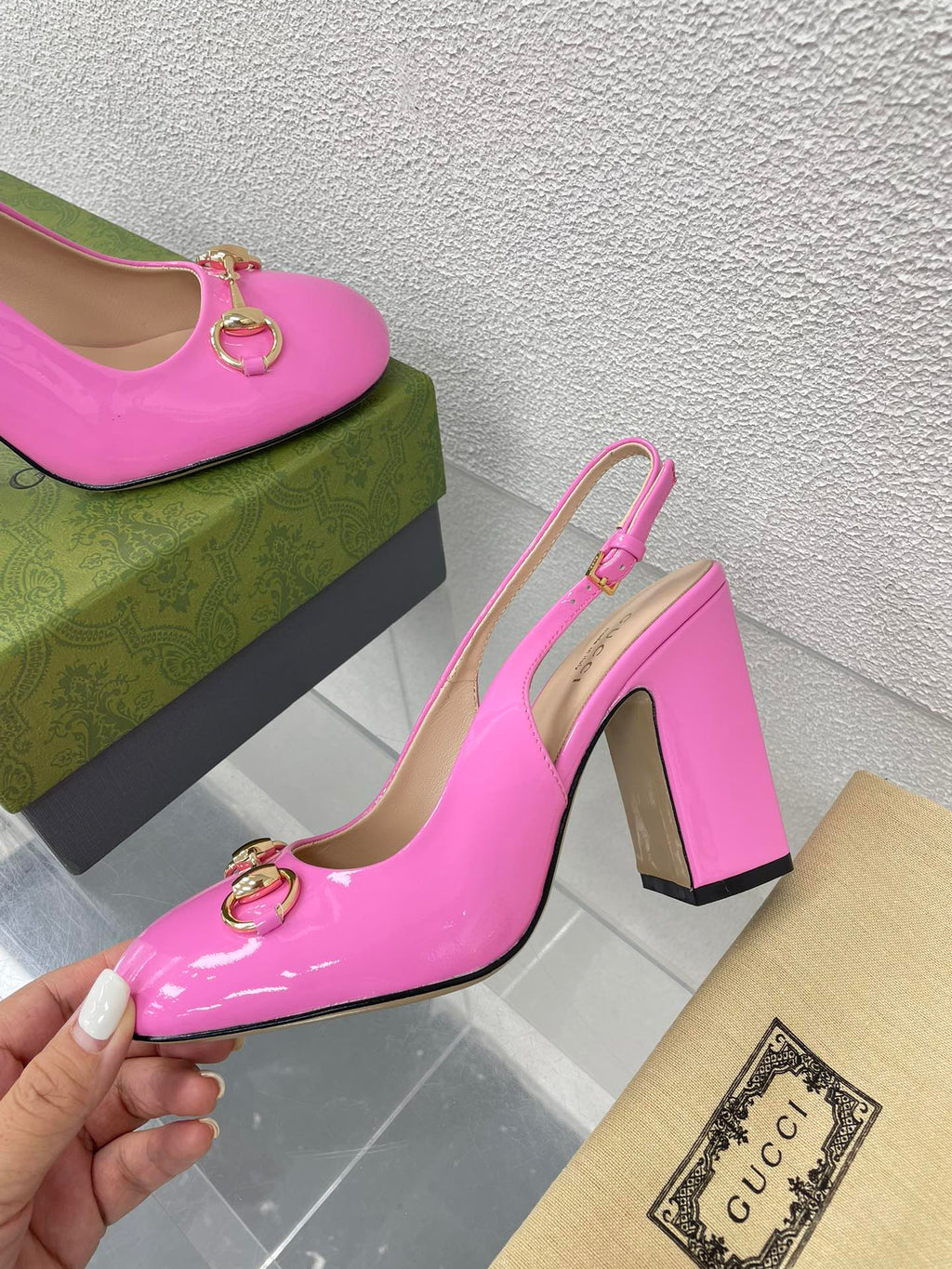 GUCCI WOMEN'S HORSEBIT SLINGBACK 95MM IN FUSICA PINK CALFSKIN