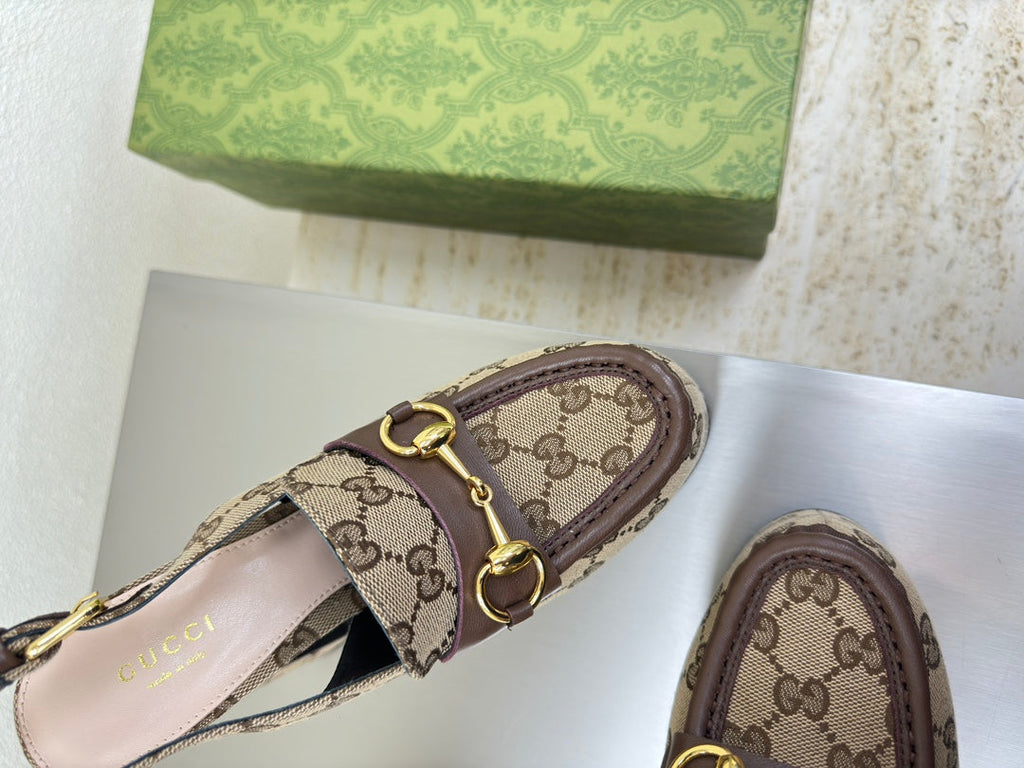 GUCCI WOMEN'S HORSEBIT PLATFORM LOAFER SLINGBACK IN TAN BEIGE CANVAS