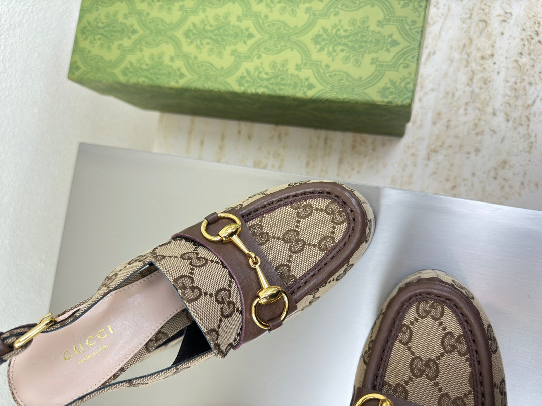 GUCCI WOMEN'S HORSEBIT PLATFORM LOAFER SLINGBACK IN TAN BEIGE CANVAS