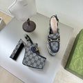 GUCCI WOMEN'S HORSEBIT PLATFORM LOAFER SLINGBACK IN BEIGE AND BLUE CANVAS