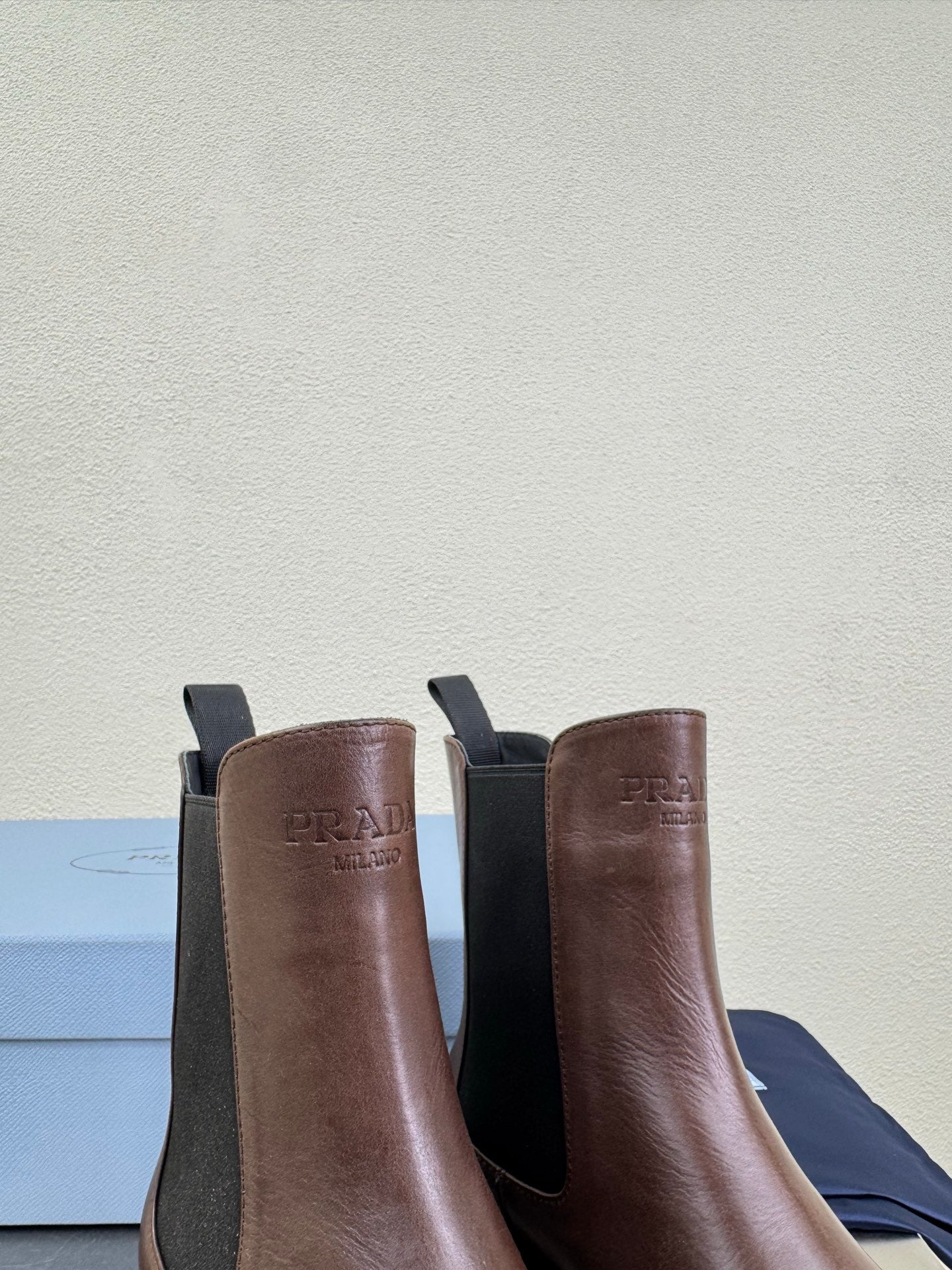 PRADA 25S PLATFORM CHELSEA BOOTS IN RK BROWN CALFSKIN