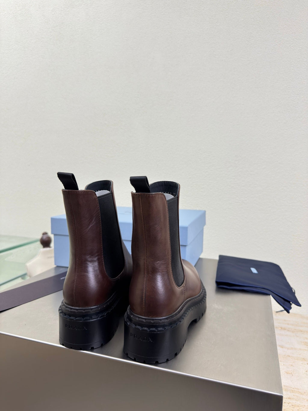 PRADA 25S PLATFORM CHELSEA BOOTS IN RK BROWN CALFSKIN