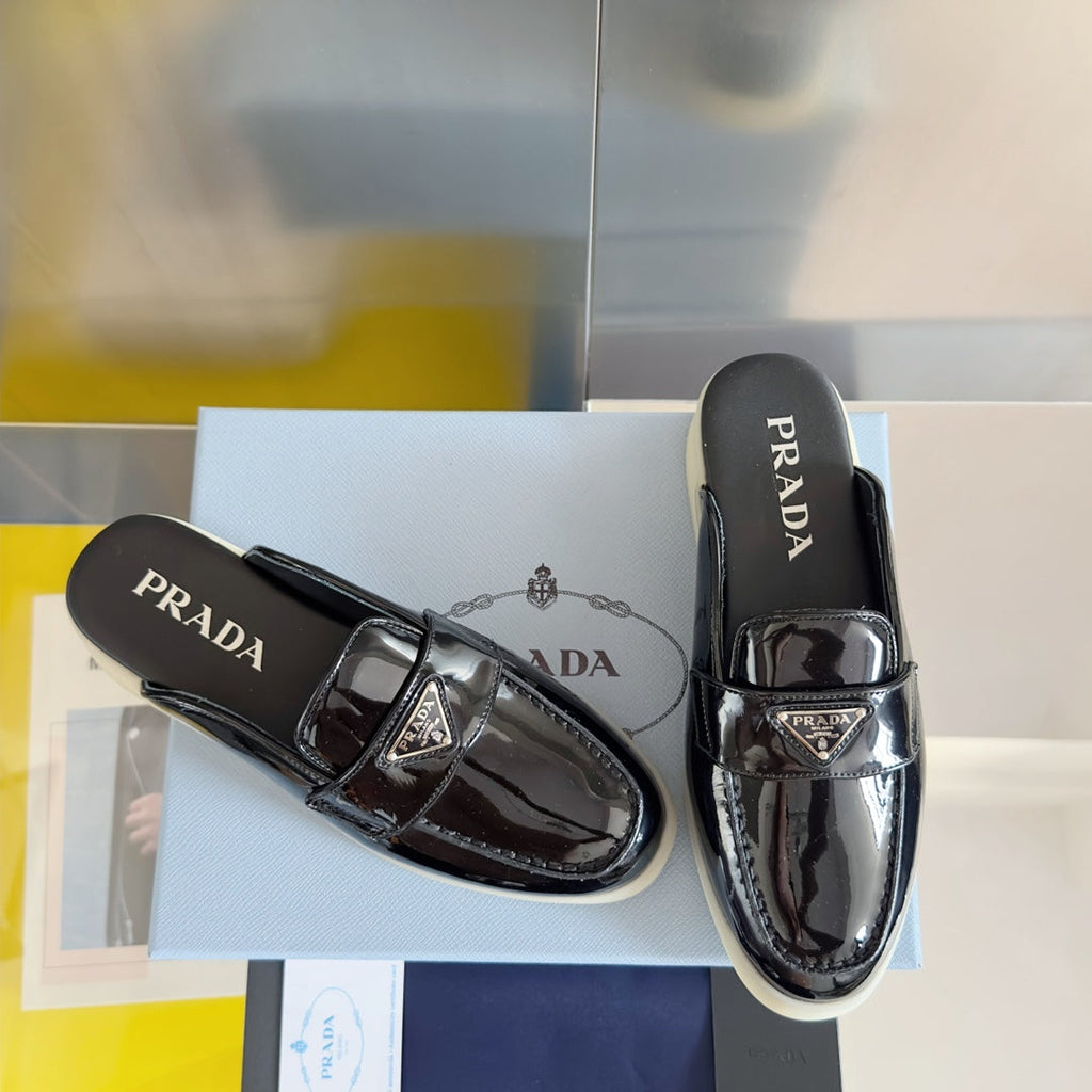 PRADA Pra Black Patent Leather Mule 25mm Rubber Sole