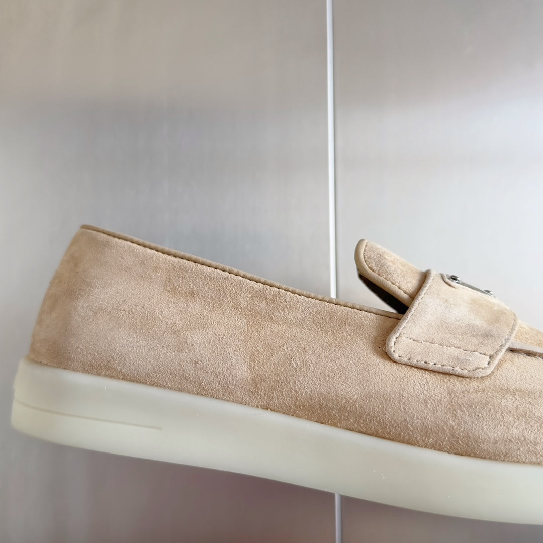 PRADA Pra Beige Suede Leather Loafers 25mm Rubber Sole