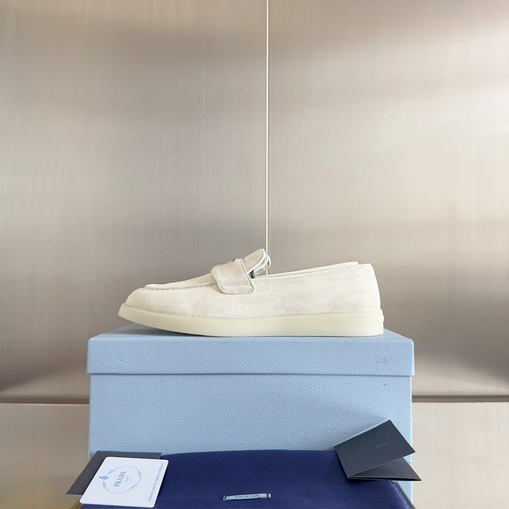 PRADA Pra White Suede Leather Loafers 25mm Rubber Sole
