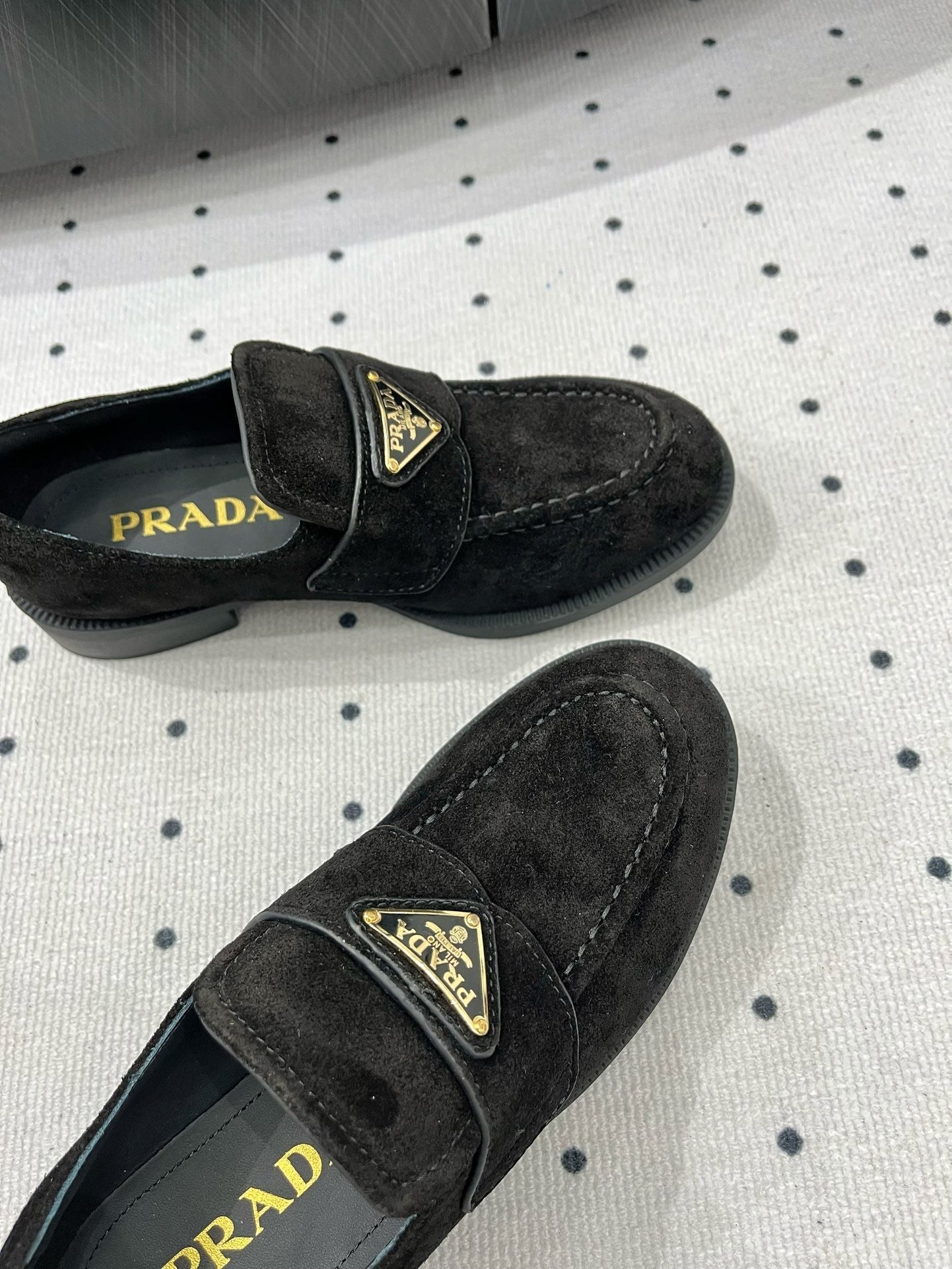 PRADA TRIANGLE LOGO LOAFER IN BLACK SUEDE