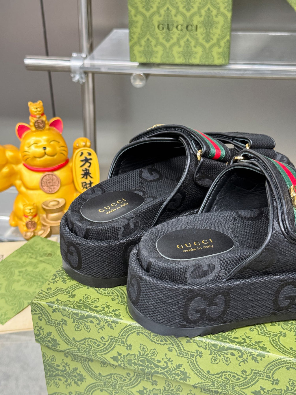 GUCCI SANDALS 22 IN BLACK FABRIC WITH GOLD HARDWARE