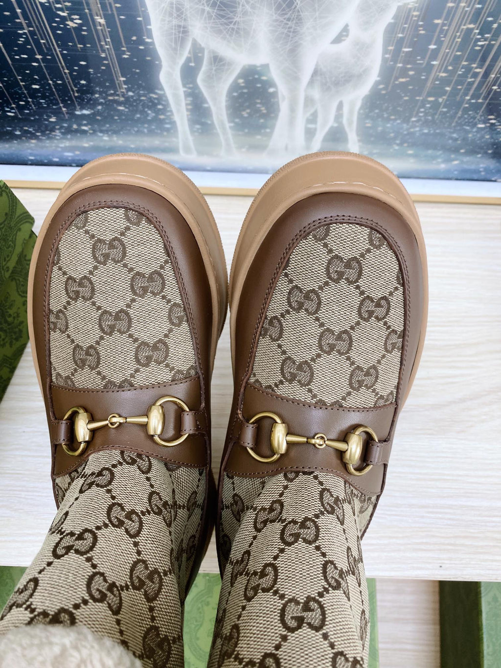 GUCCI HORSEBIT ANKLE BOOTS WITH MERINO TRIM IN BEIGE JACQUARD FABRIC MIX BROWN CALFSKIN