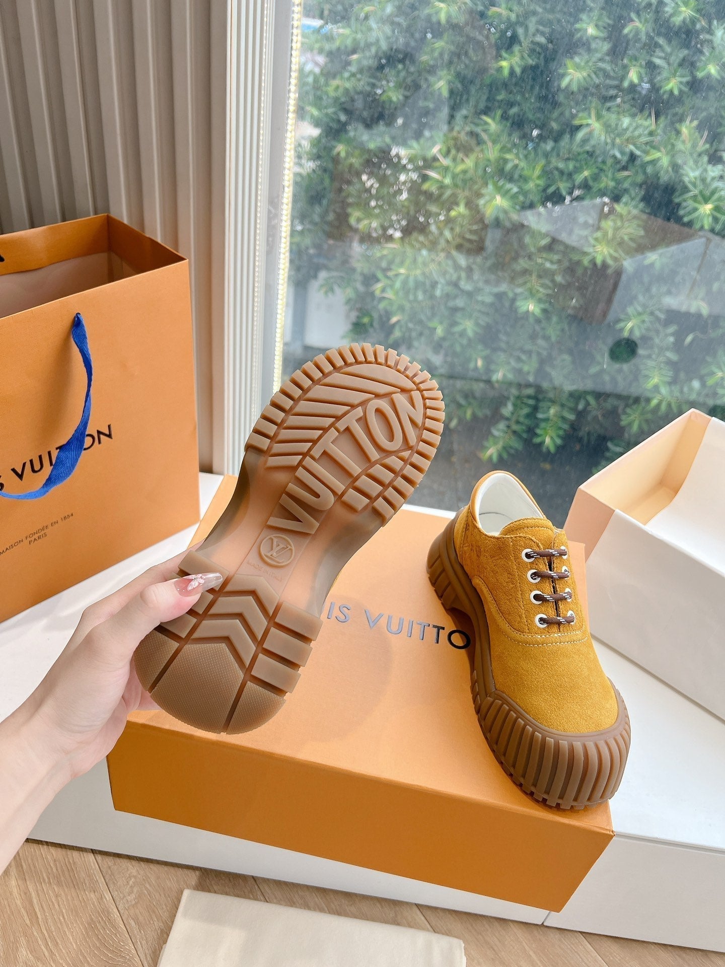 LOUIS VUITTON LV ARCHLIGHT SKATE SNEAKER IN HARVEST GOLD EMBOSSED SUEDE