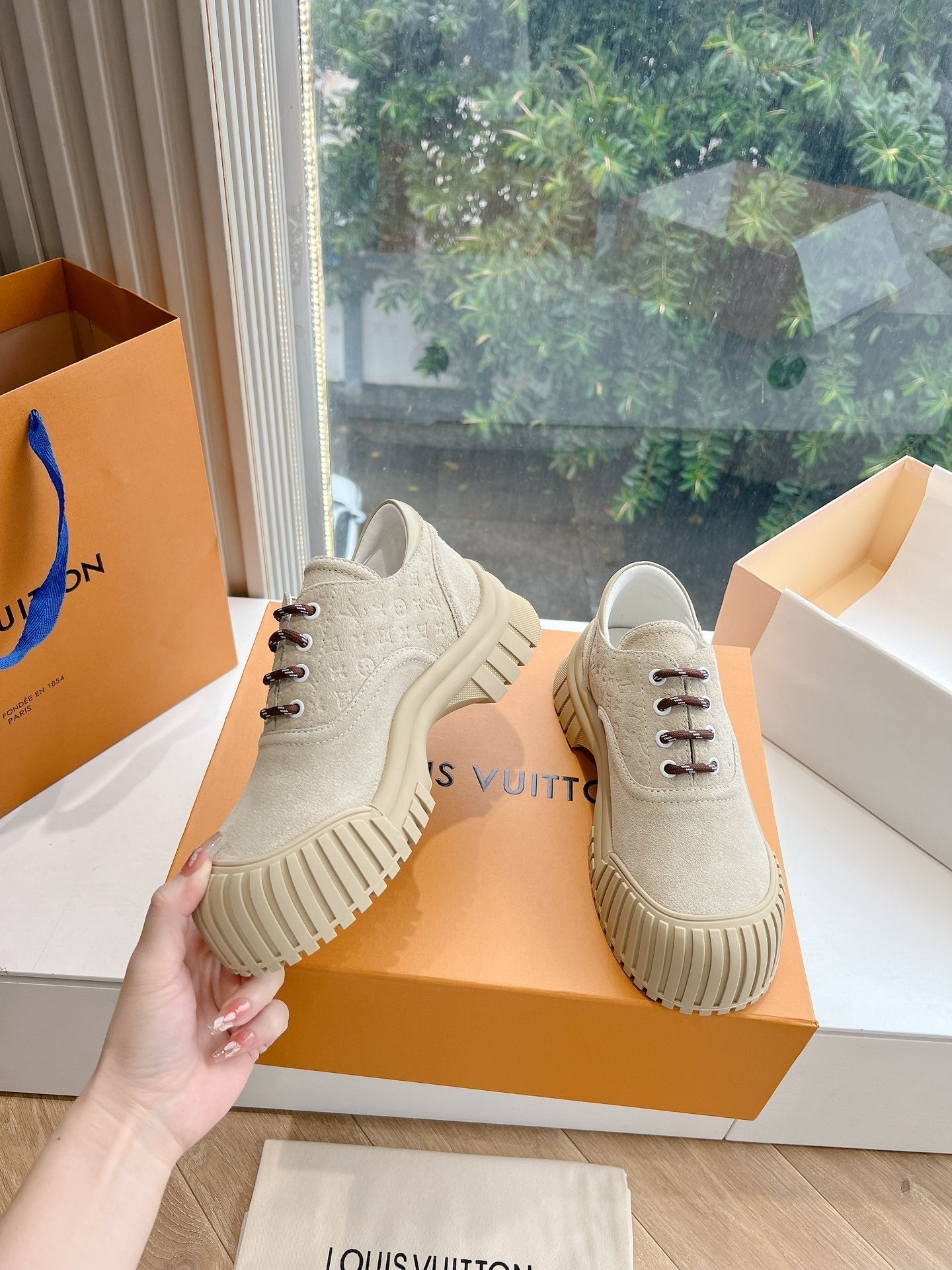 LOUIS VUITTON LV ARCHLIGHT SKATE SNEAKER IN PALE BROWN EMBOSSED SUEDE