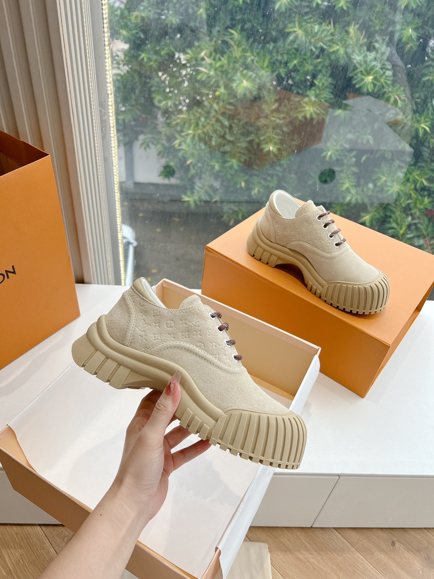LOUIS VUITTON LV ARCHLIGHT SKATE SNEAKER IN PALE BROWN EMBOSSED SUEDE