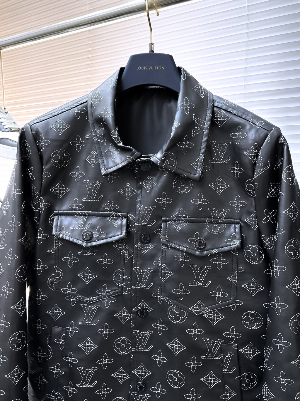 LOUIS VUITTON LV SHIRT JACKET IN BLACK MONOGRAM EMBROIDERED CALFSKIN 239119