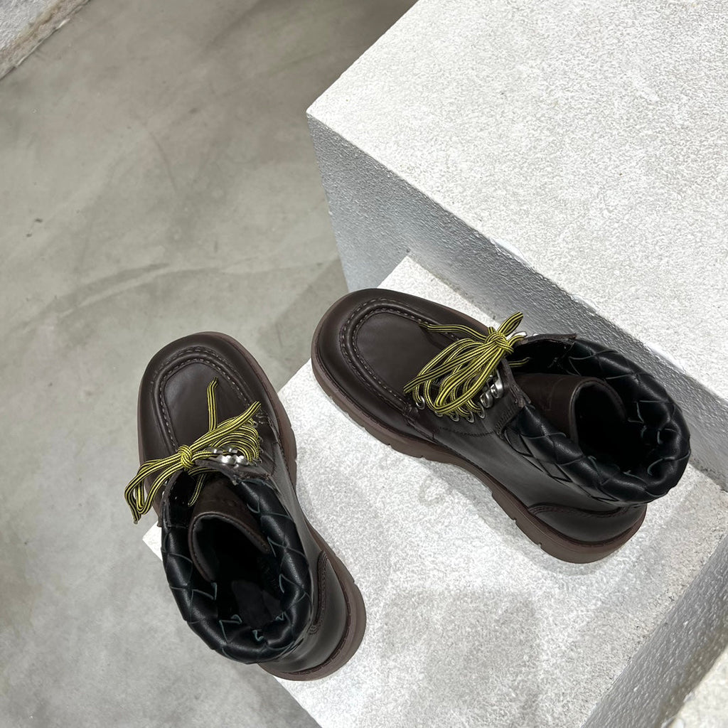 BOTTEGA VENETA HADDOCK LACE-UP ANKLE BOOT IN CHOCOLATE BROWN CALFSKIN