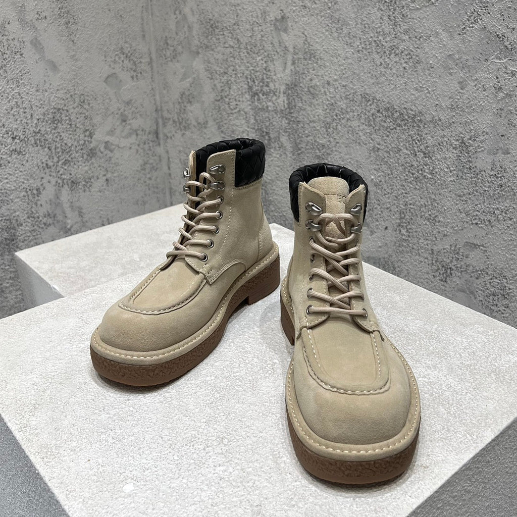 BOTTEGA VENETA HADDOCK LACE-UP ANKLE BOOT IN KHAKI BROWN SUEDE