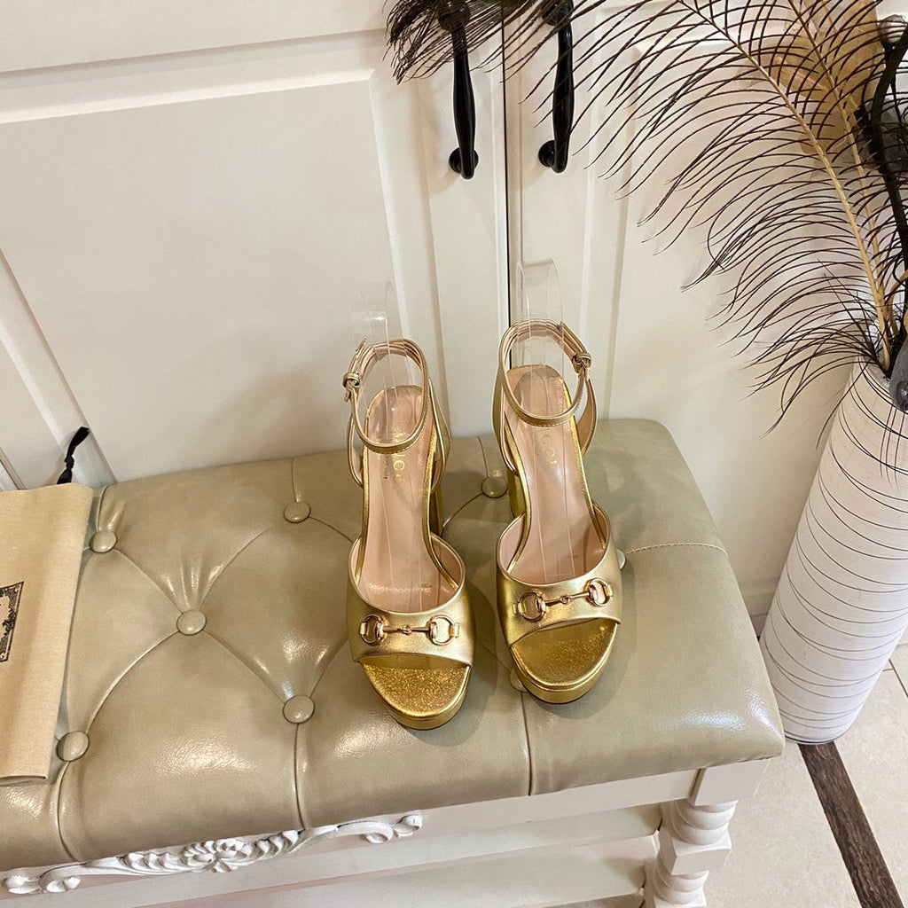 GUCCI HORSEBIT PLATFORM SANDAL IN GOLD YELLOW SHEEPSKIN
