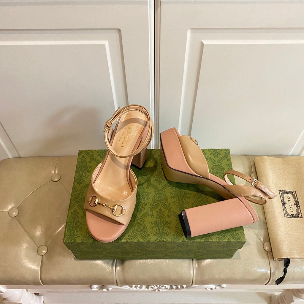 GUCCI HORSEBIT PLATFORM SANDAL IN WHEAT BEIGE MIX LIGHT PINK SHEEPSKIN