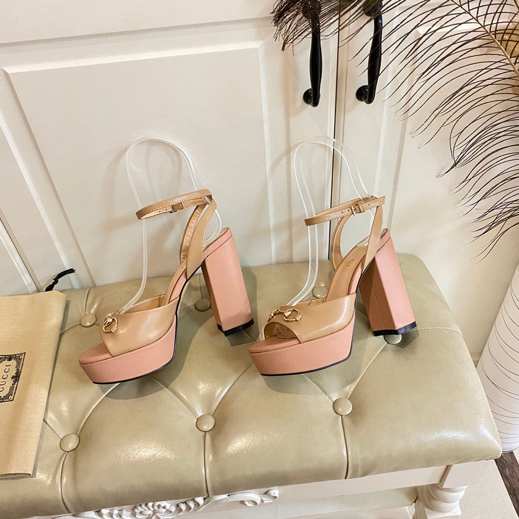 GUCCI HORSEBIT PLATFORM SANDAL IN WHEAT BEIGE MIX LIGHT PINK SHEEPSKIN