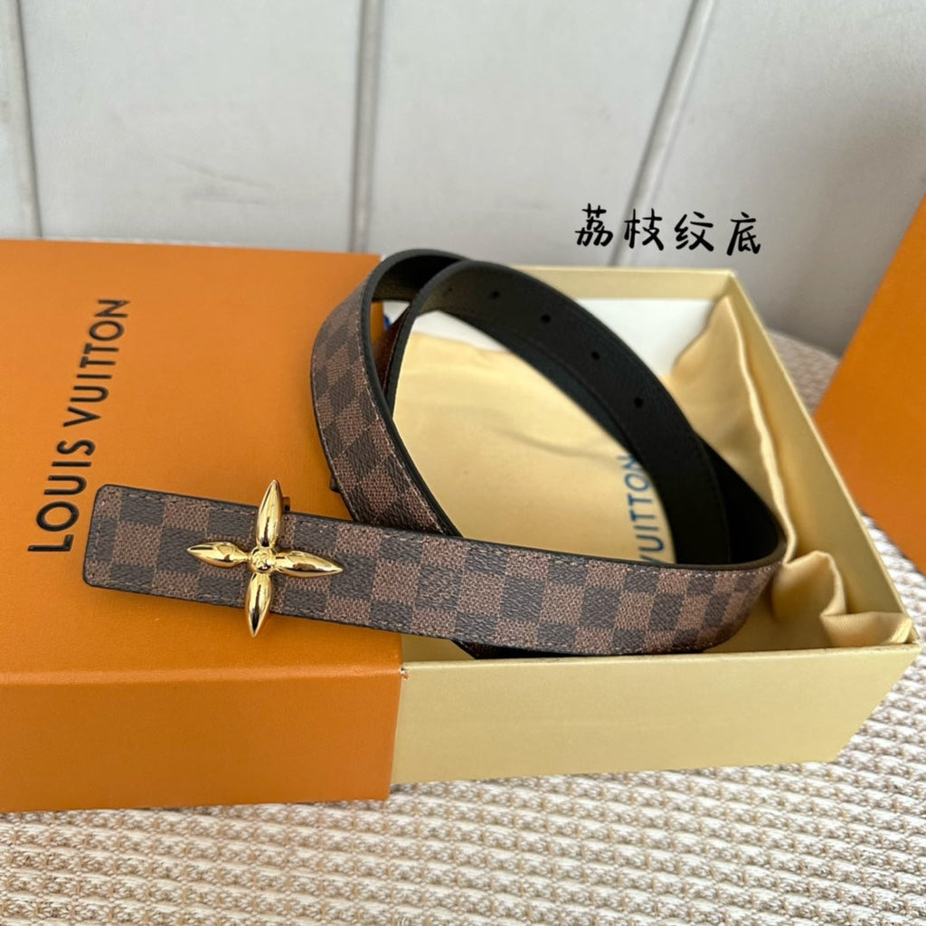 LOUIS VUITTON LV FLOWERGRAM 25 MM REVERSIBLE BELT IN BROWN DAMIER CALFSKIN GOLD HARDWARE