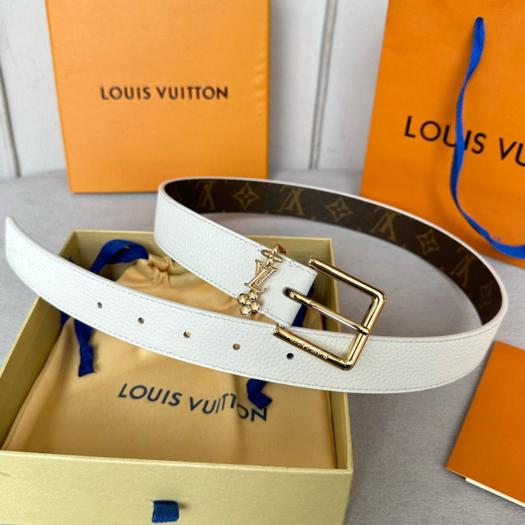 LOUIS VUITTON LV BLOOM 30MM BELT IN WHITE CALFSKIN GOLD HARDWARE