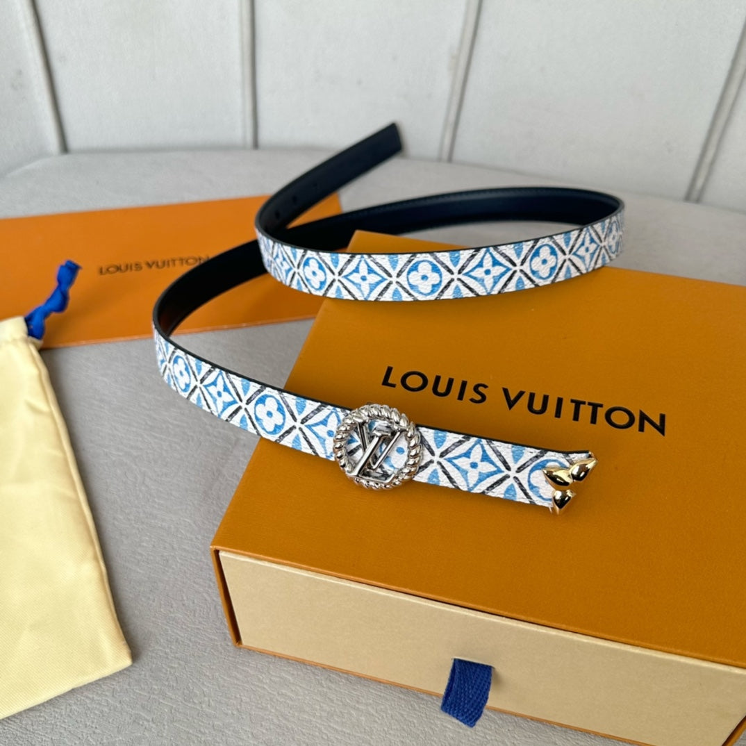 LOUIS VUITTON PRETTY LV 20MM REVERSIBLE BELT WHITE AND BLUE CALFSKIN SILVER MIX GOLD HARDWARE
