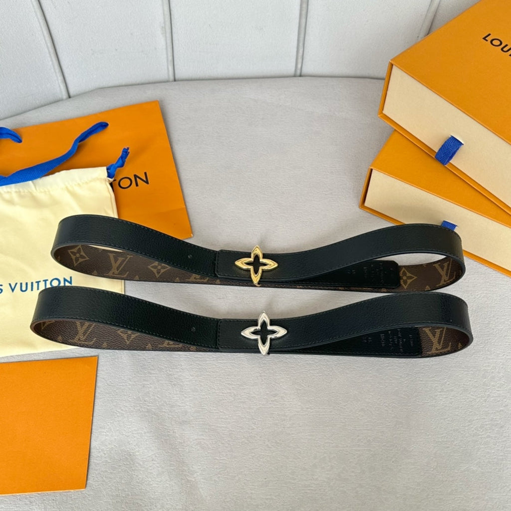 LOUIS VUITTON LV  MINI FLOWERGRAM 30MM REVERSIBLE BELT IN BLACK CALFSKIN GOLD HARDWARE