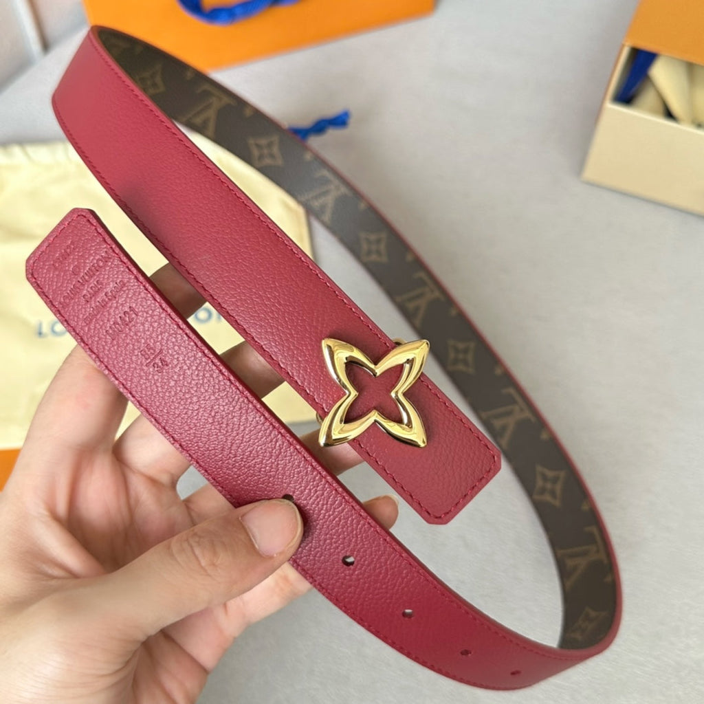 LOUIS VUITTON LV Flowergram 30mm Reversible Belt Gold Buckle Burgundy Brown Leather