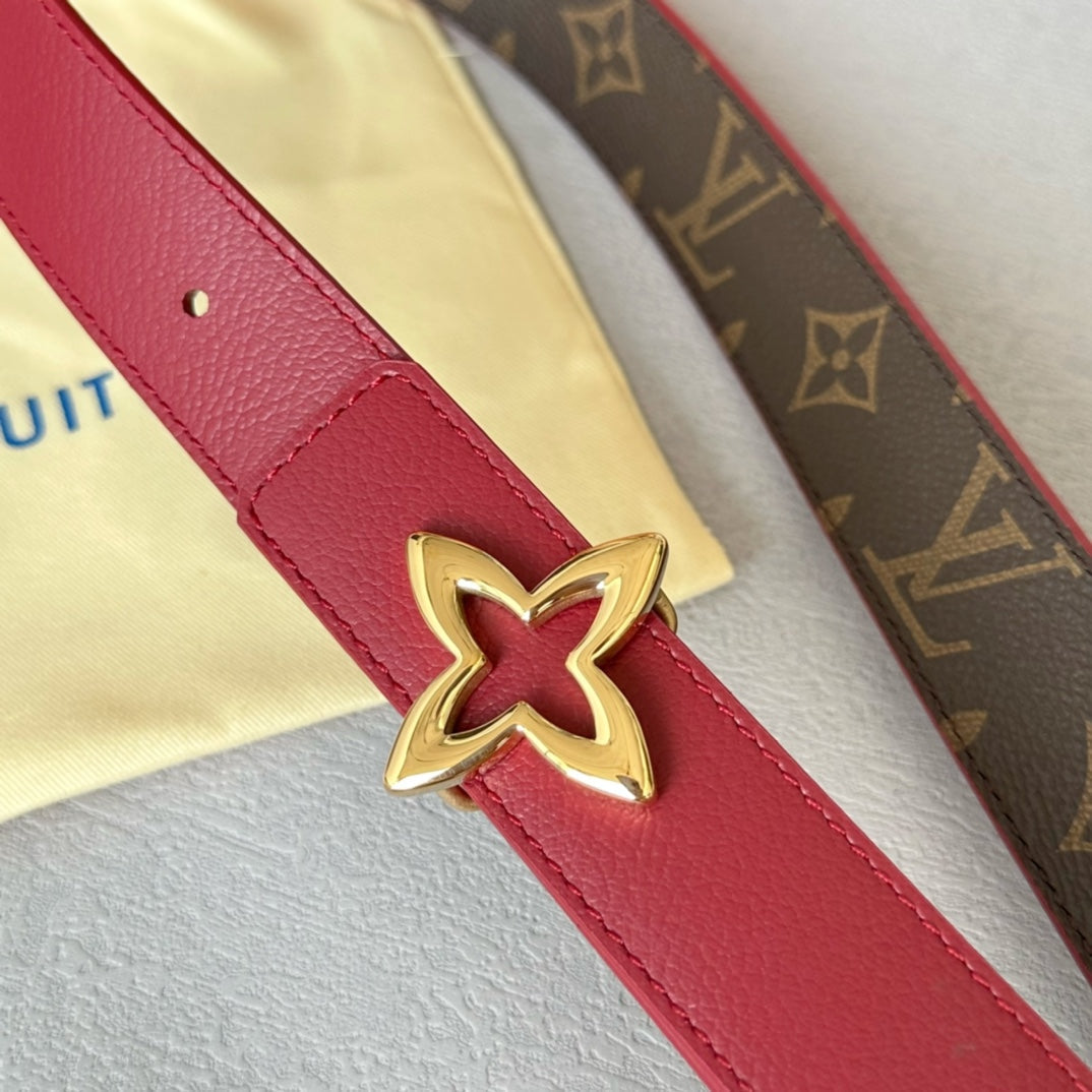 LOUIS VUITTON LV  MINI FLOWERGRAM 30MM REVERSIBLE BELT IN BLOOD RED CALFSKIN GOLD HARDWARE