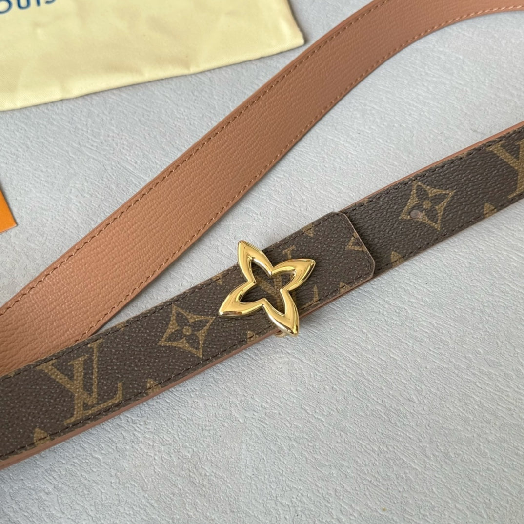 LOUIS VUITTON LV Flowergram 30mm Reversible Belt Gold Buckle Beige Brown Leather