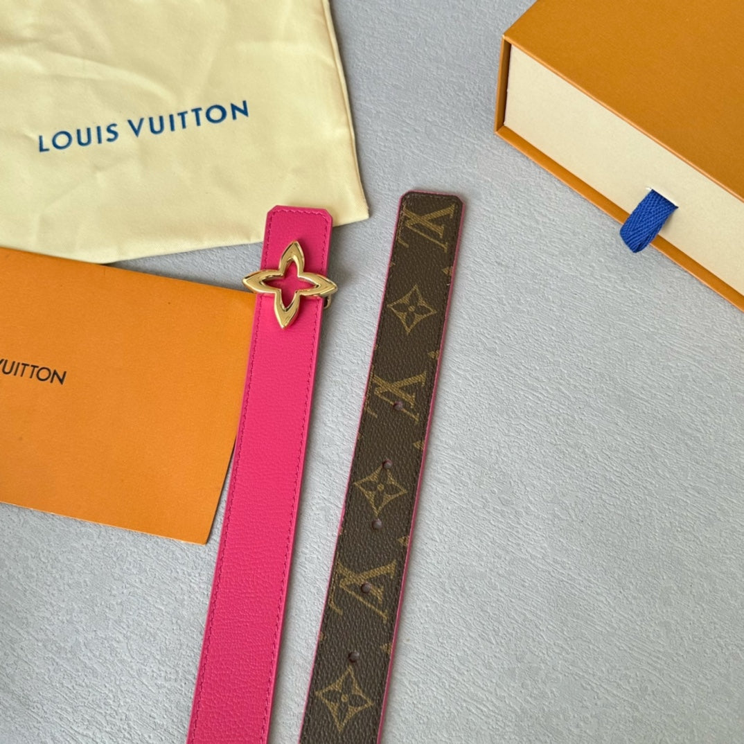 LOUIS VUITTON LV  MINI FLOWERGRAM 30MM REVERSIBLE BELT IN BRIGHT PINK CALFSKIN GOLD HARDWARE
