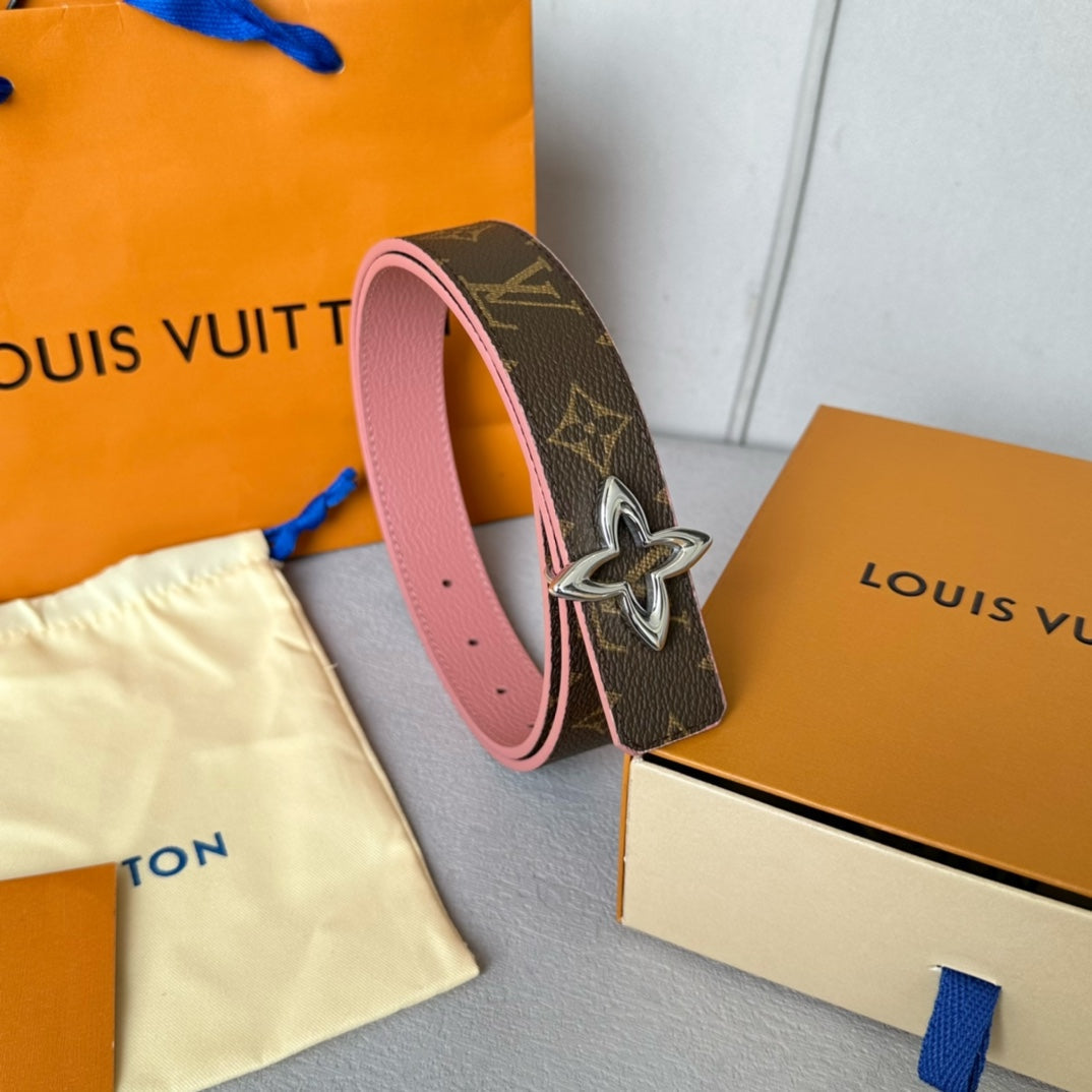 LOUIS VUITTON LV Flowergram 30mm Reversible Belt Silver Buckle Pink Brown Leather