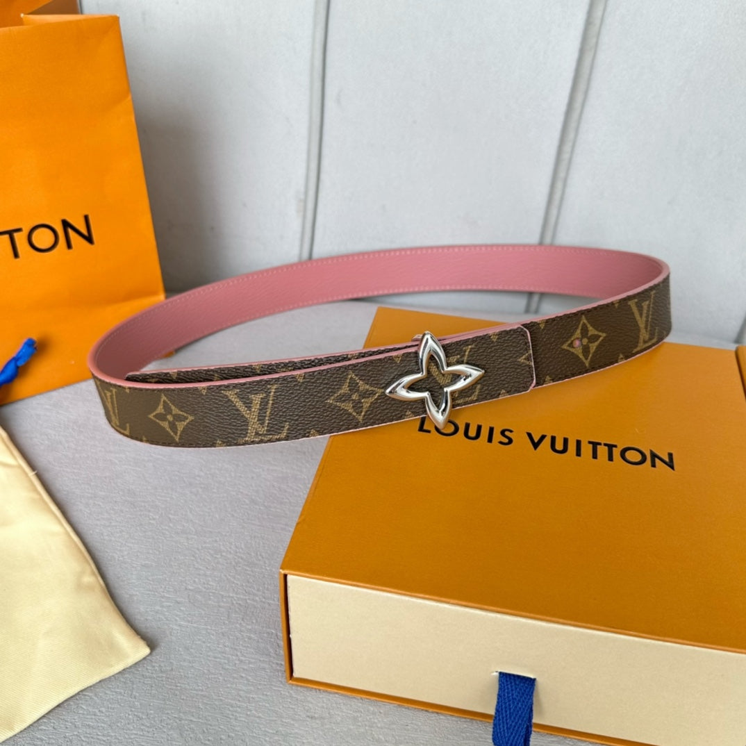 LOUIS VUITTON LV  MINI FLOWERGRAM 30MM REVERSIBLE BELT IN BLUSH PINK CALFSKIN SILVER HARDWARE