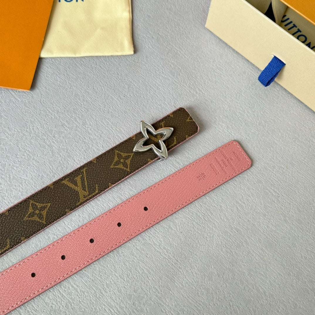 LOUIS VUITTON LV  MINI FLOWERGRAM 30MM REVERSIBLE BELT IN BLUSH PINK CALFSKIN SILVER HARDWARE