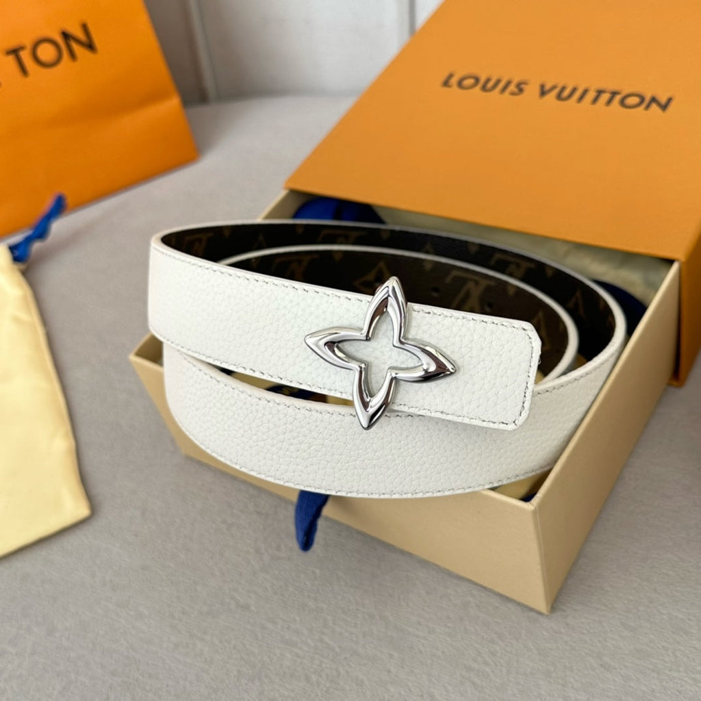LOUIS VUITTON LV  MINI FLOWERGRAM 30MM REVERSIBLE BELT IN WHITE CALFSKIN SILVER HARDWARE
