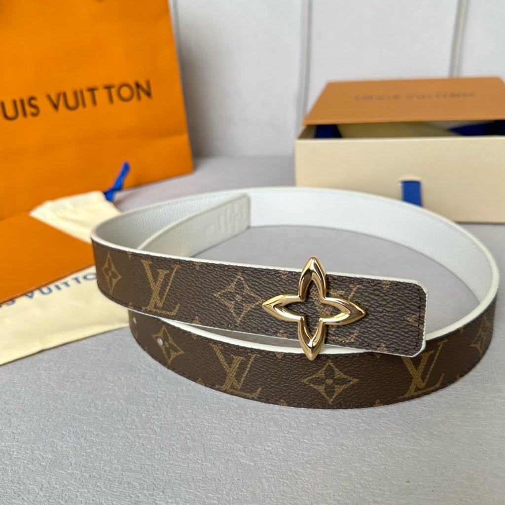 LOUIS VUITTON LV  MINI FLOWERGRAM 30MM REVERSIBLE BELT IN WHITE CALFSKIN GOLD HARDWARE