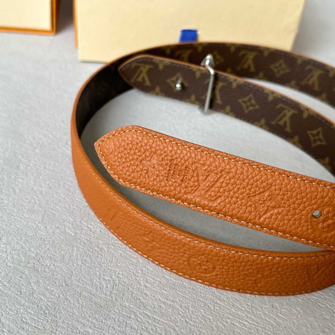 LOUIS VUITTON LV  MINI FLOWERGRAM 30MM REVERSIBLE BELT IN BRONZE BROWN EMBOSSED CALFSKIN SILVER HARDWARE