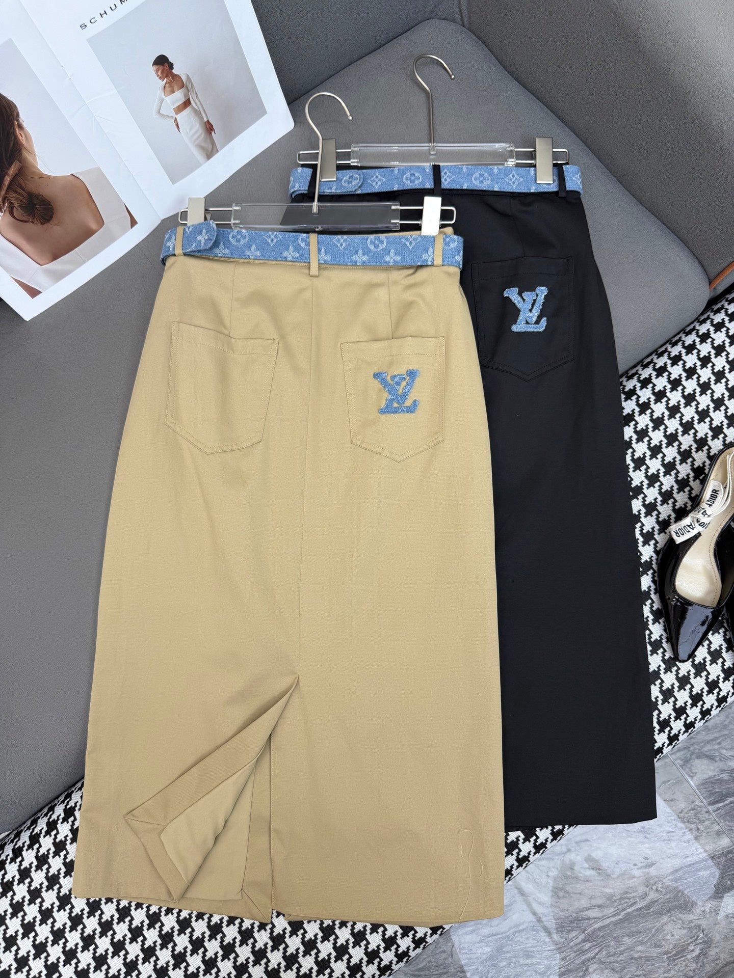 LOUIS VUITTON FRONT-SLIT SKIRT WITH LOGO BELT