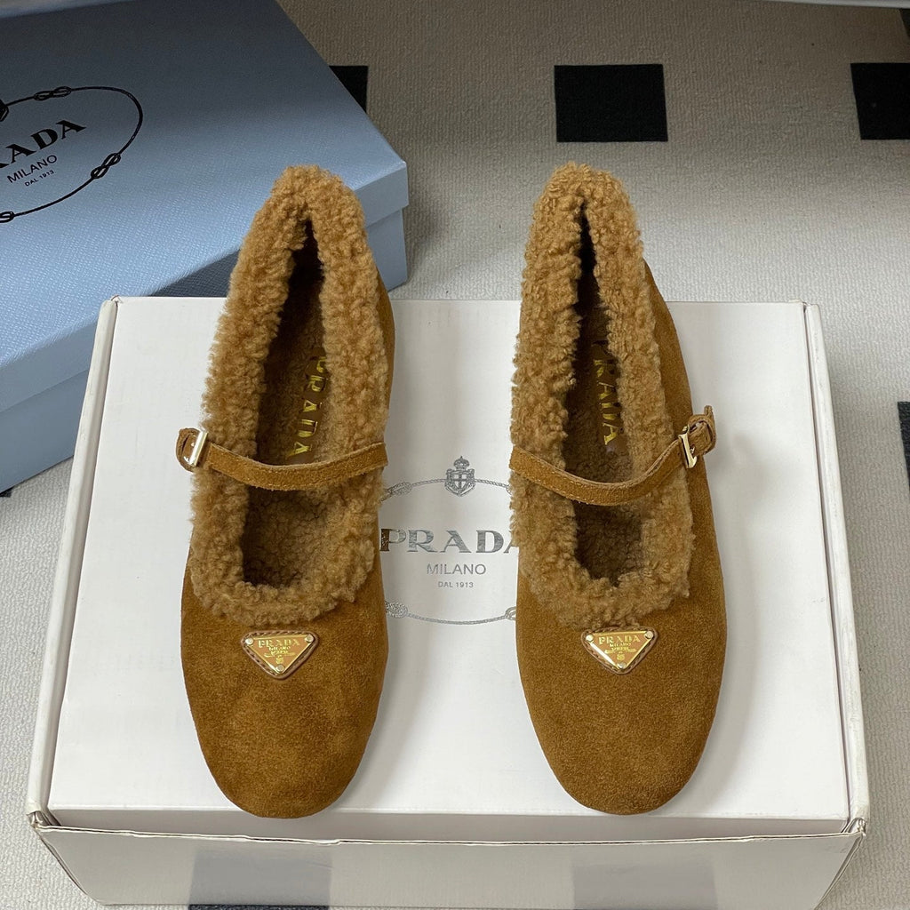 PRADA 25S MARY JANE FLATS IN RK WALNUT BROWN SUEDE WITH GOLD HARDWARE