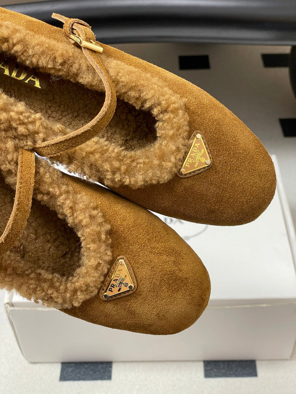 PRADA 25S MARY JANE FLATS IN RK WALNUT BROWN SUEDE WITH GOLD HARDWARE