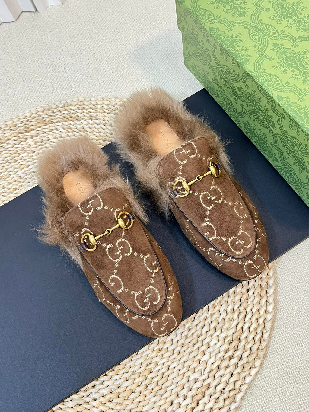 GUCCI HORSEBIT MULE IN COCOA BROWN MONOGRAM VELVET AND LAMB WOOL LINING