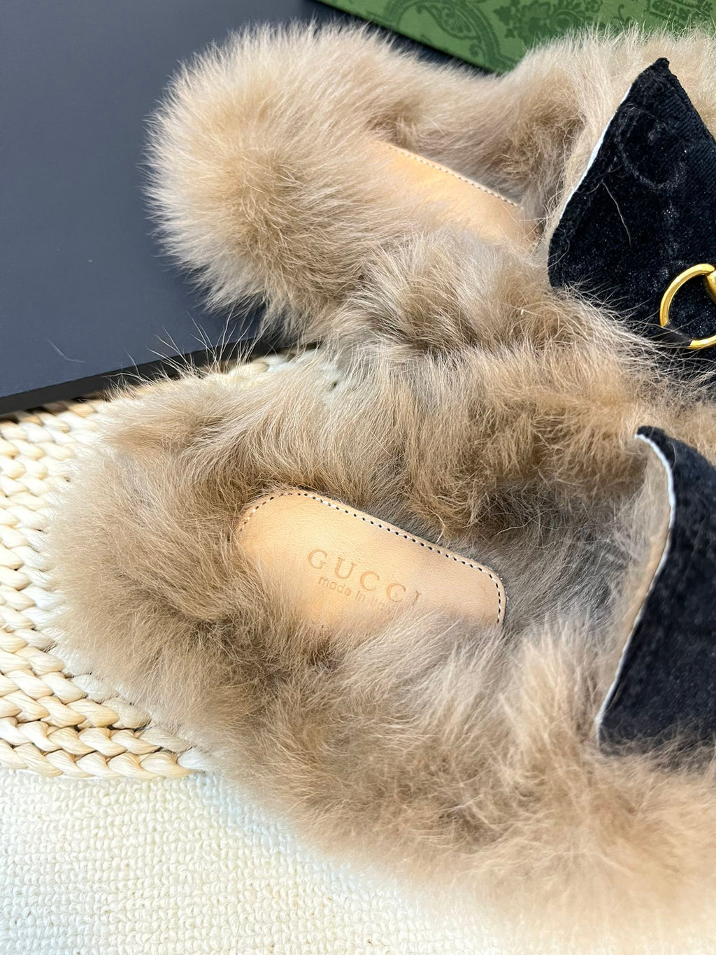 GUCCI HORSEBIT MULE IN BLACK MONOGRAM VELVET AND LAMB WOOL LINING