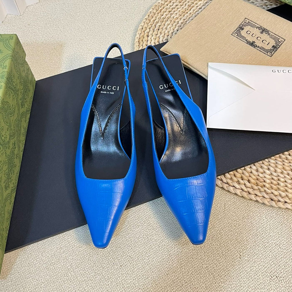 GUCCI Women's G pointed silver-letter Logo slingbacks Azure Blue