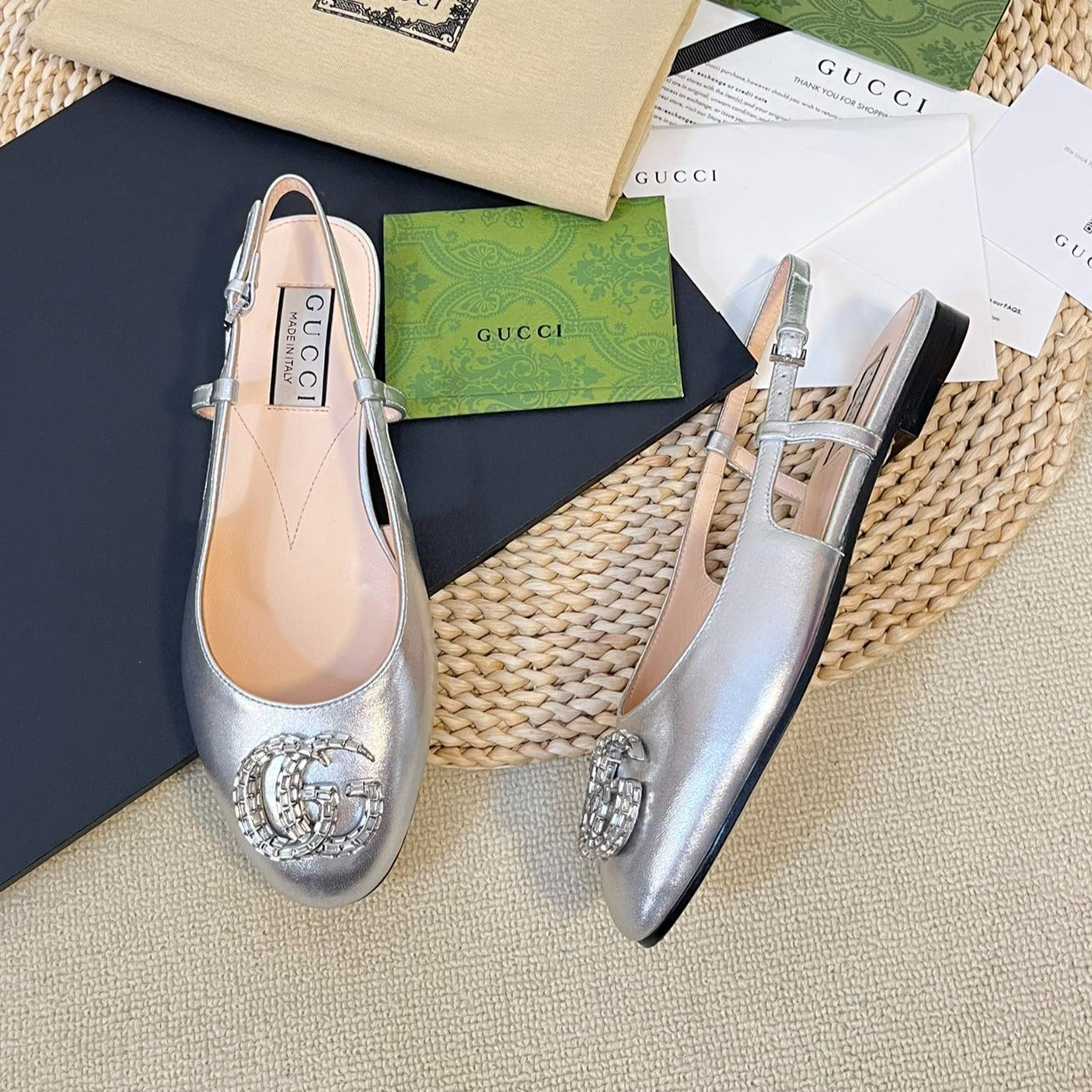 GUCCI Double G patent leather slingback ballet flats Sliver