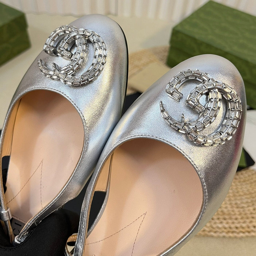 GUCCI Double G patent leather slingback ballet flats Sliver