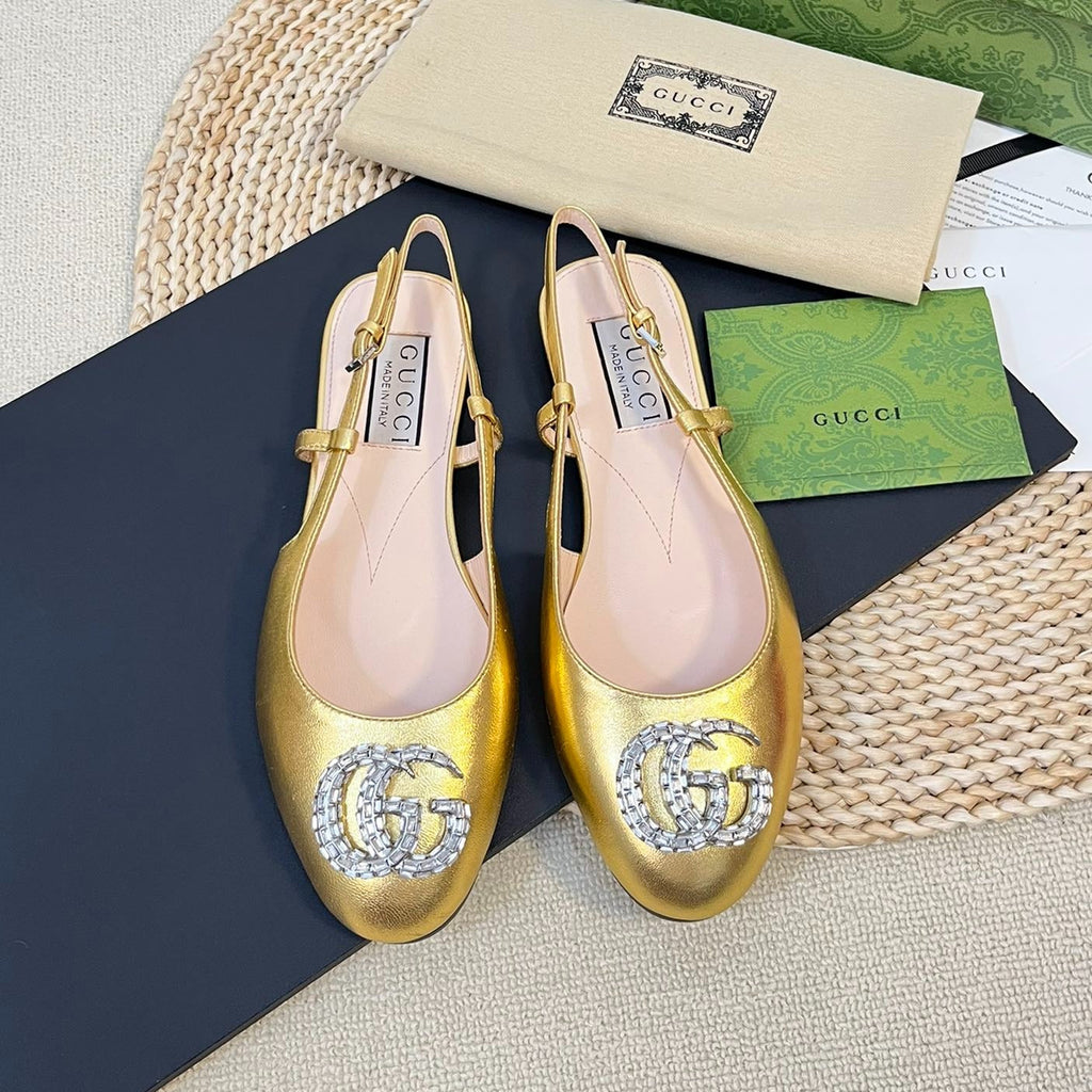 GUCCI Double G patent leather slingback ballet flats Gold
