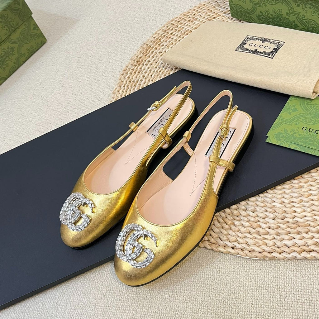GUCCI Double G patent leather slingback ballet flats Gold