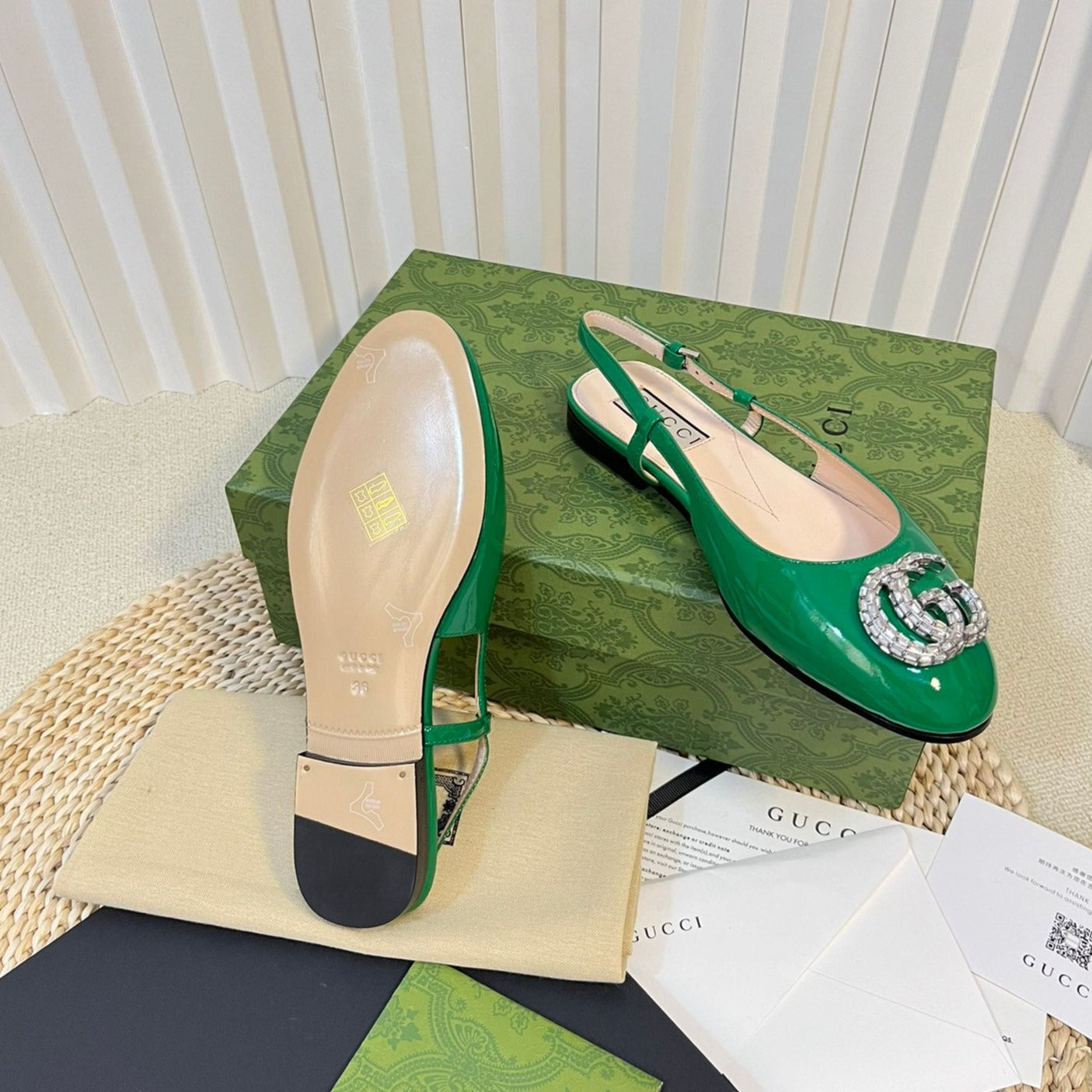 GUCCI Double G patent leather slingback ballet flats Glossy Forest Green
