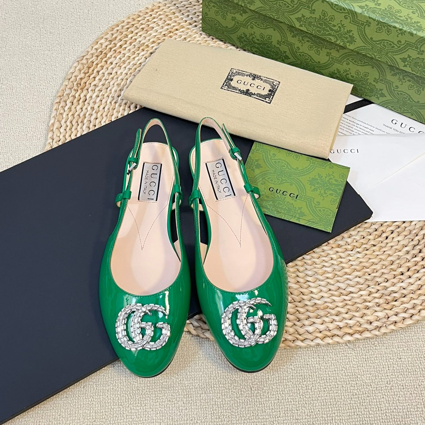 GUCCI Double G patent leather slingback ballet flats Glossy Forest Green
